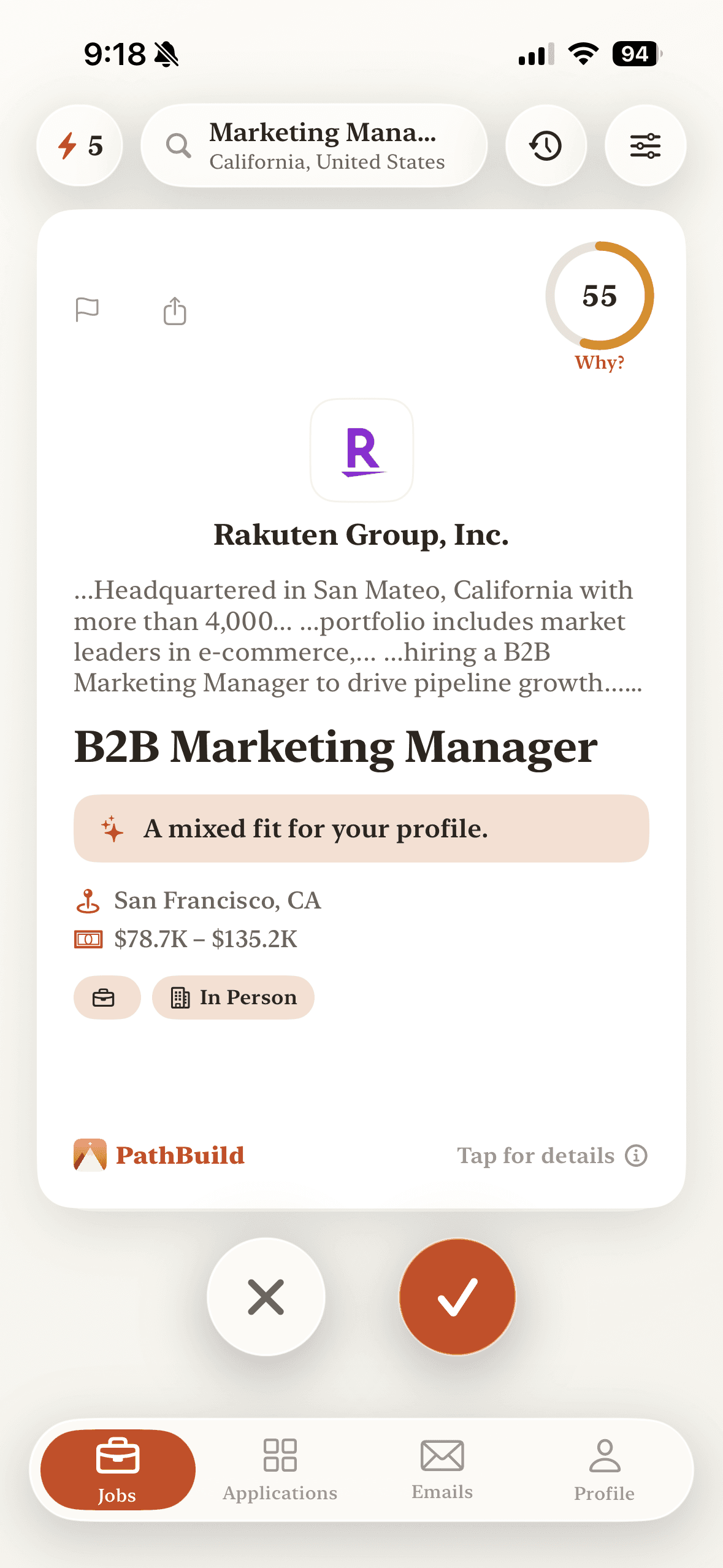PathBuild Jobs screen: a job card with a fit-score ring.